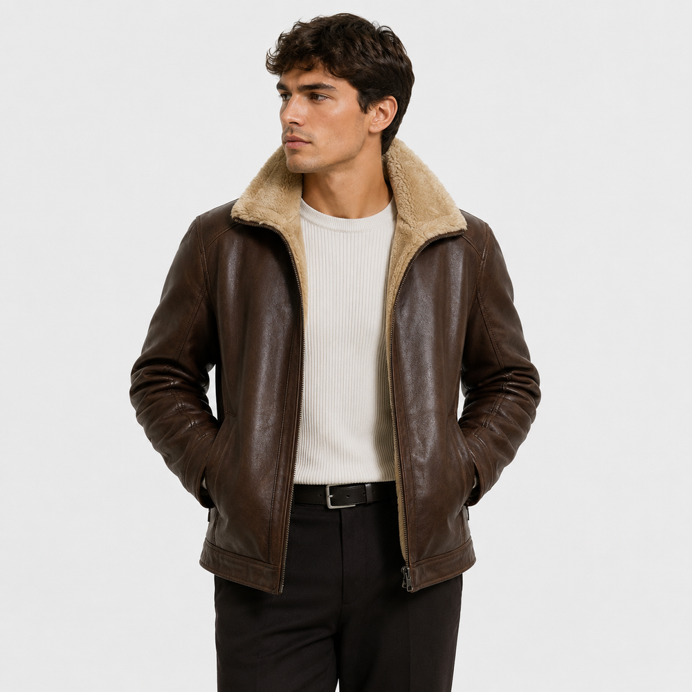 Men's premium zip-front jacket in brown and black, shown for work and weekend wear