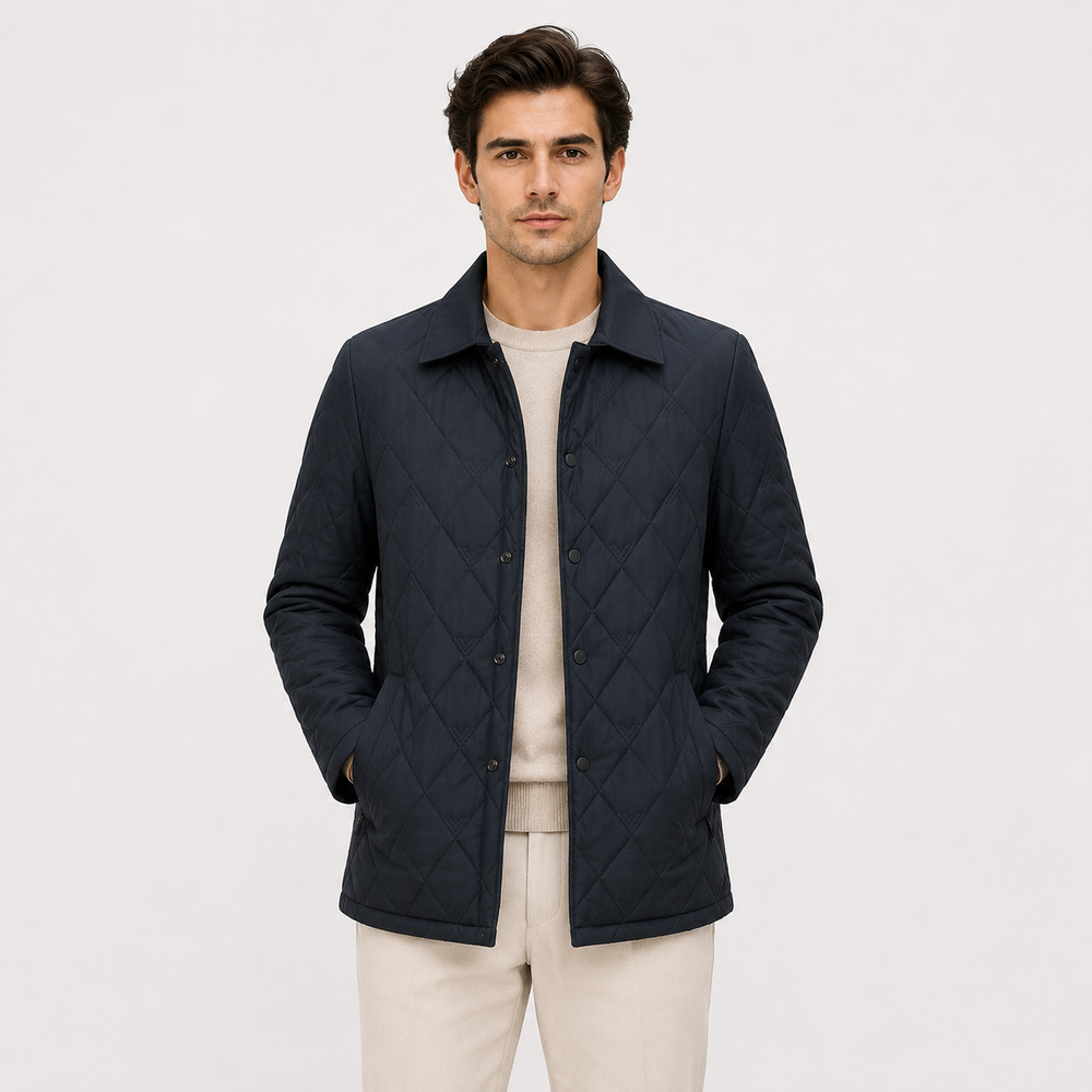Men's diamond quilted insulated winter jacket in navy, gray, and black