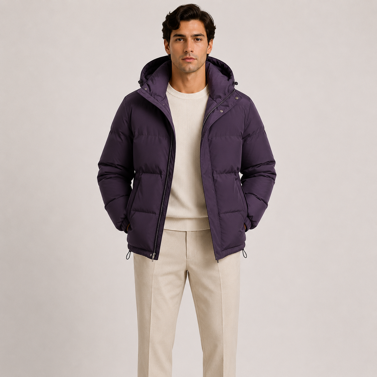 Men's lightweight insulated hooded jacket with full-zip closure