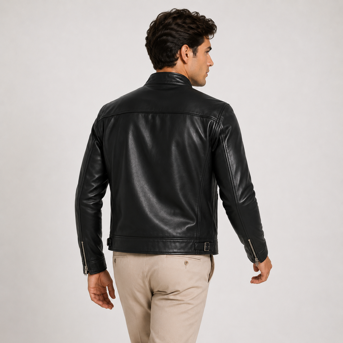 Men's black leather-look jacket with classic zip front and stand collar
