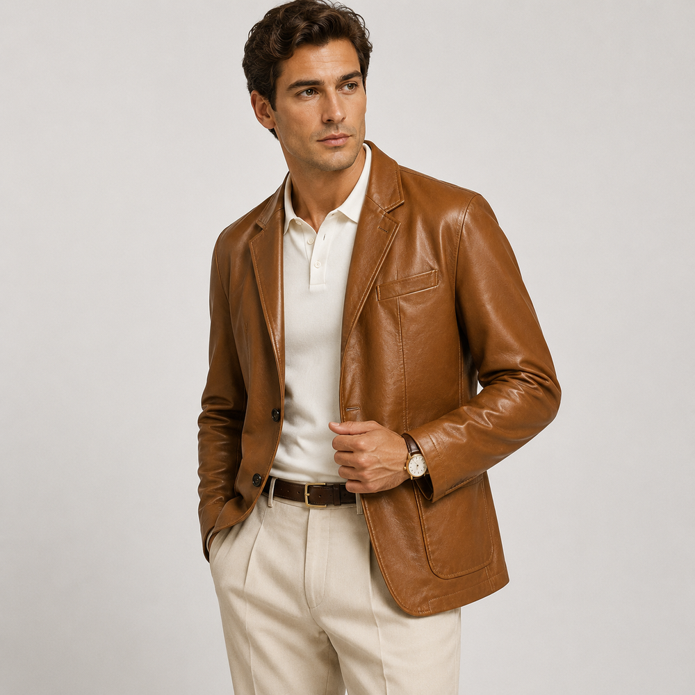 Men's classic leather look blazer-style jacket shown in brown, black and red