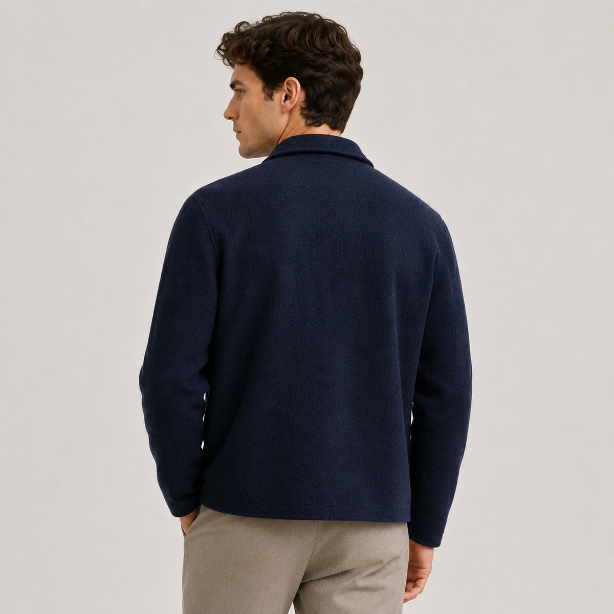 Men's premium knit cardigan shown in navy, gray and black