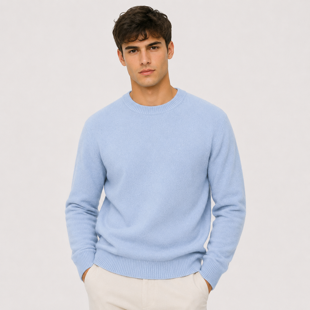 Men's cashmere-look crew neck sweater shown in multiple colors