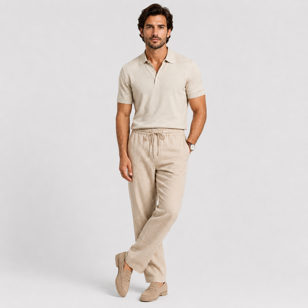 Men's lightweight casual pants with elastic drawstring waist in neutral tones