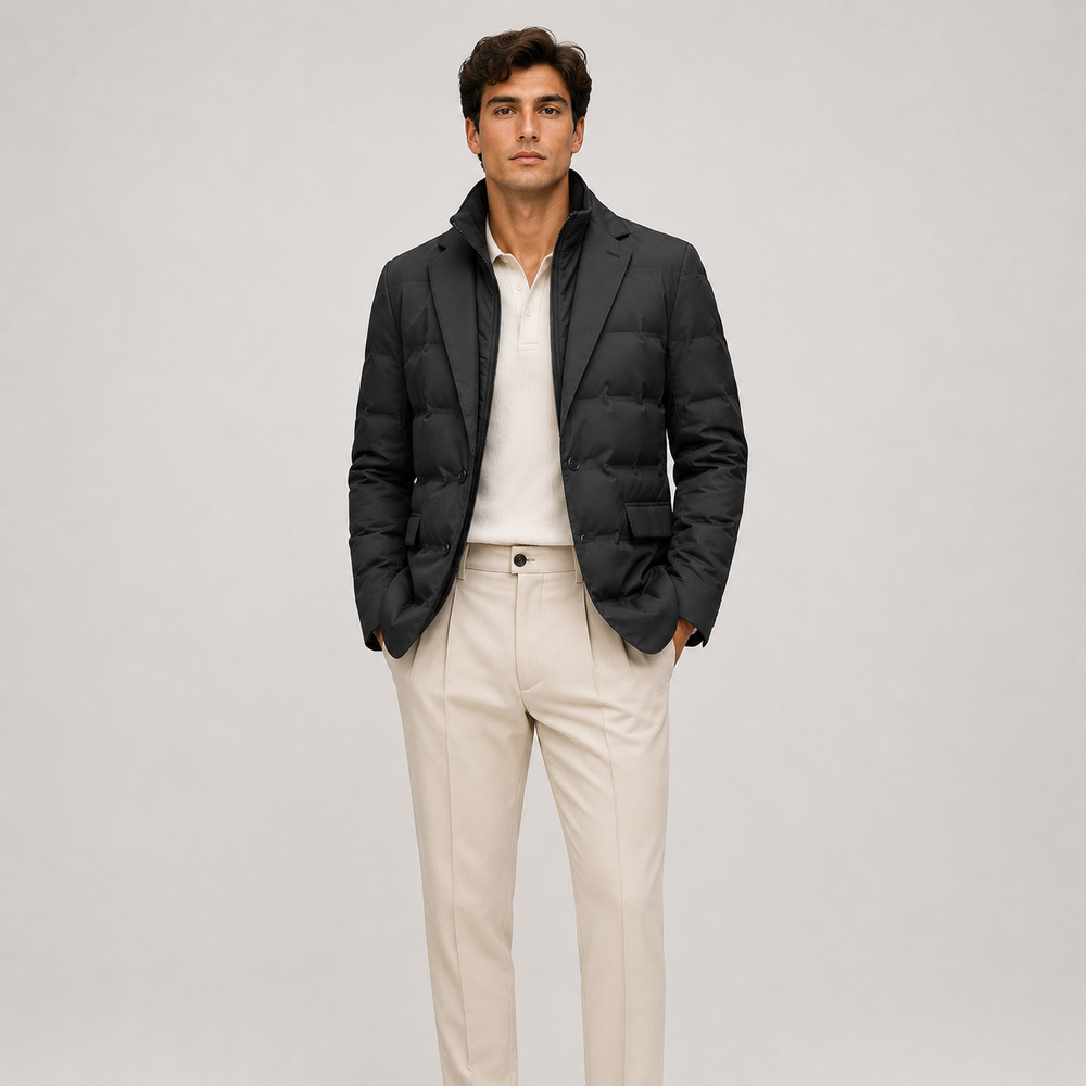 Men's insulated puffer blazer jacket in black, gray, and green