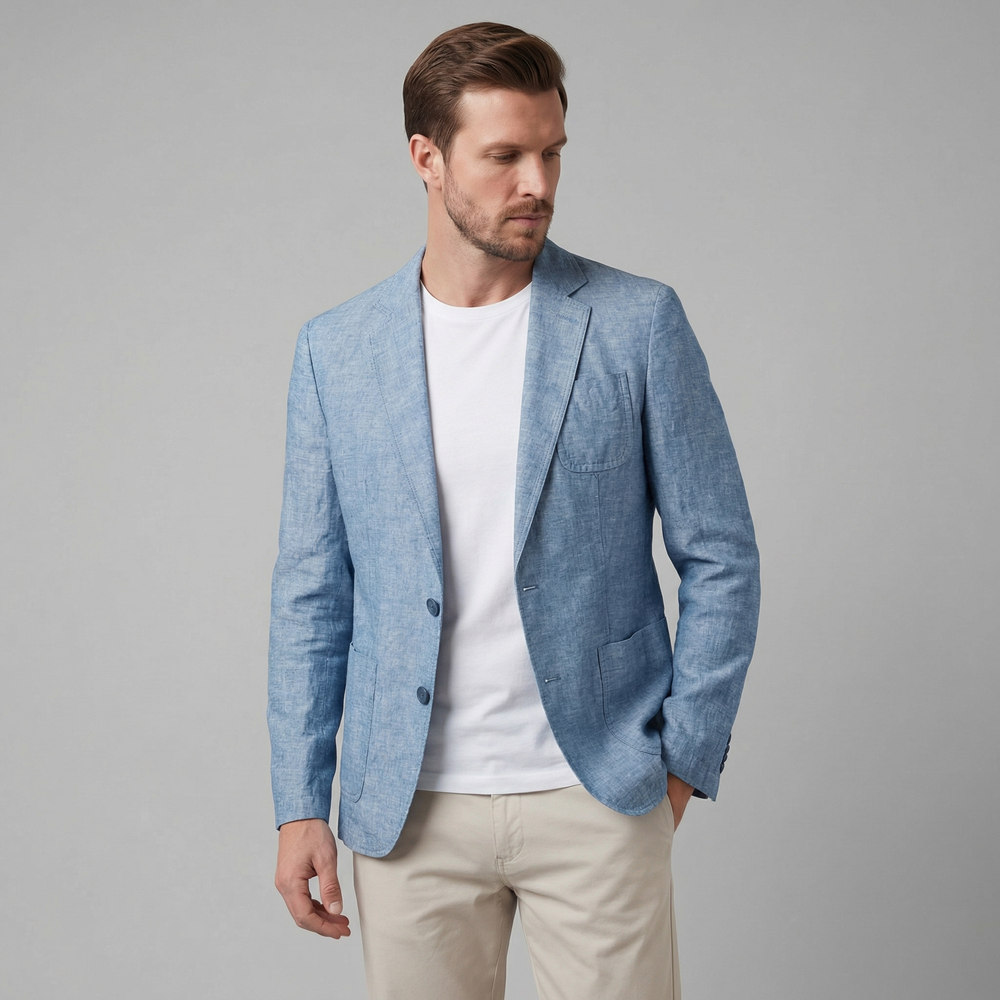 Men's lightweight linen blazer with structured fit, shown in summer styling