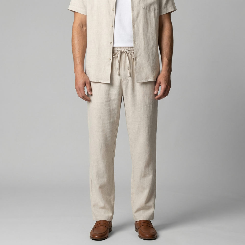 Men's slim fit linen trousers in neutral tones for casual summer wear