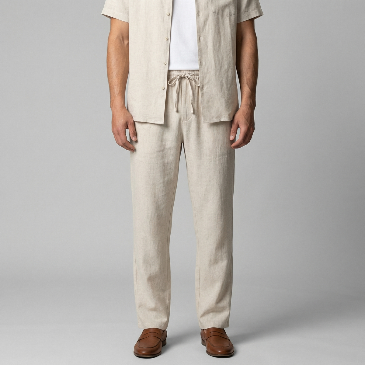 Men's slim fit linen trousers in neutral tones for casual summer wear