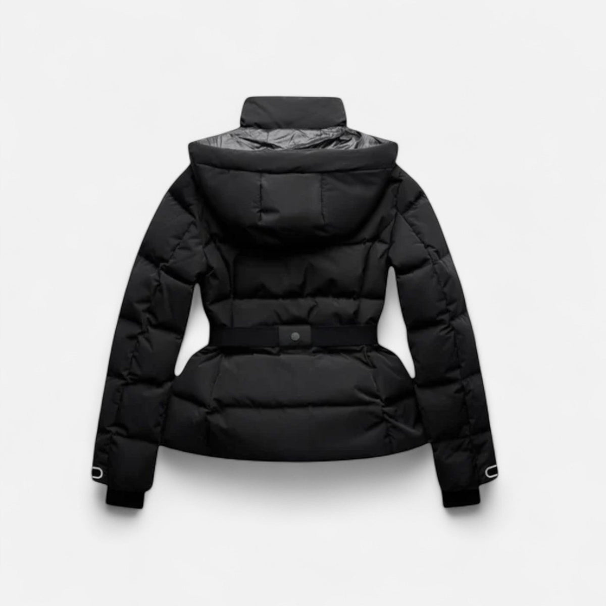 Women's black belted puffer jacket with water-resistant finish and tailored waist
