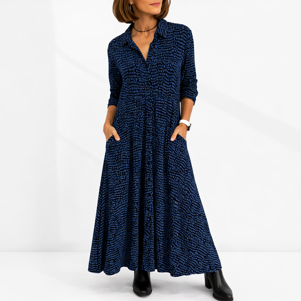 Relaxed fit collared long-sleeve midi shirt dress with side pockets