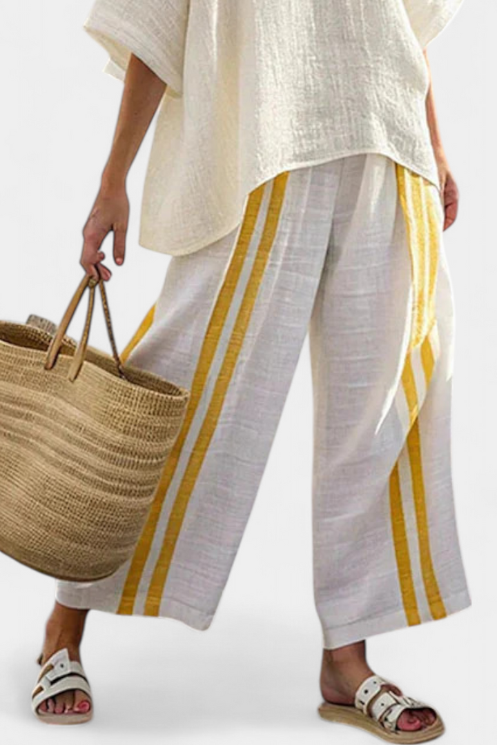 Anselor | Elegant Yellow Striped Top &amp; Wide-Leg Pants
