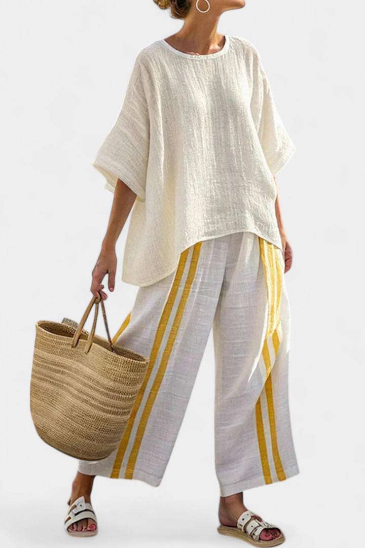 Anselor | Elegant Yellow Striped Top &amp; Wide-Leg Pants