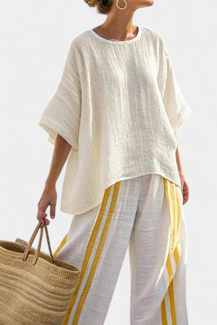 Anselor | Elegant Yellow Striped Top &amp; Wide-Leg Pants