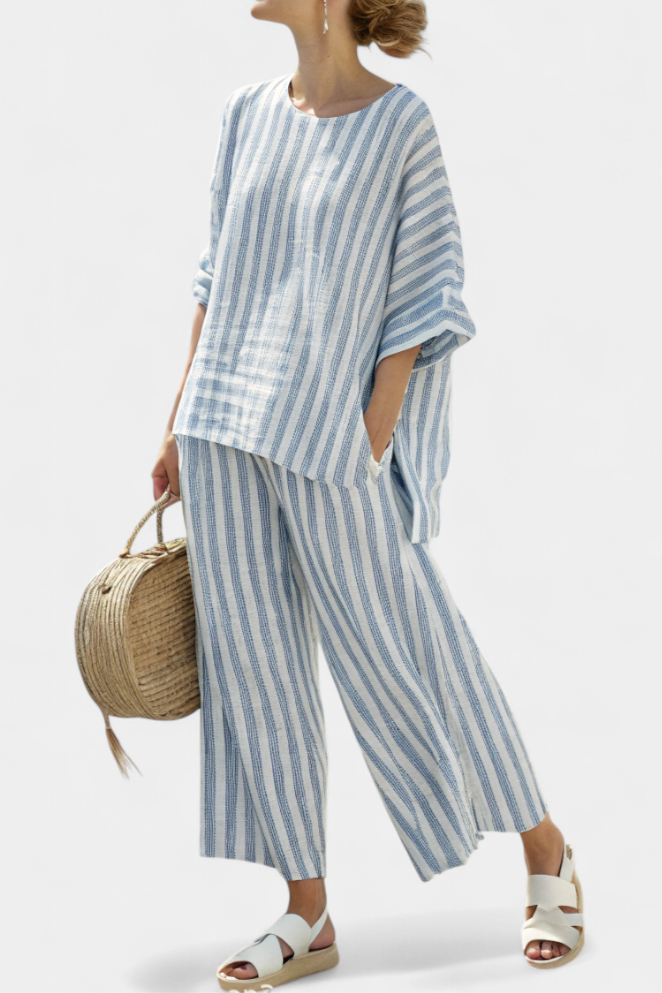 Rensleigh | Sophisticated Blue Striped Top &amp; Relaxed Pants