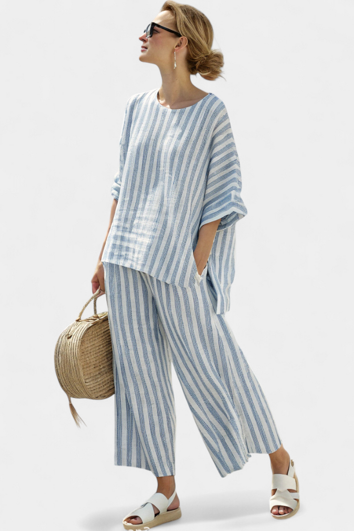Rensleigh | Sophisticated Blue Striped Top &amp; Relaxed Pants