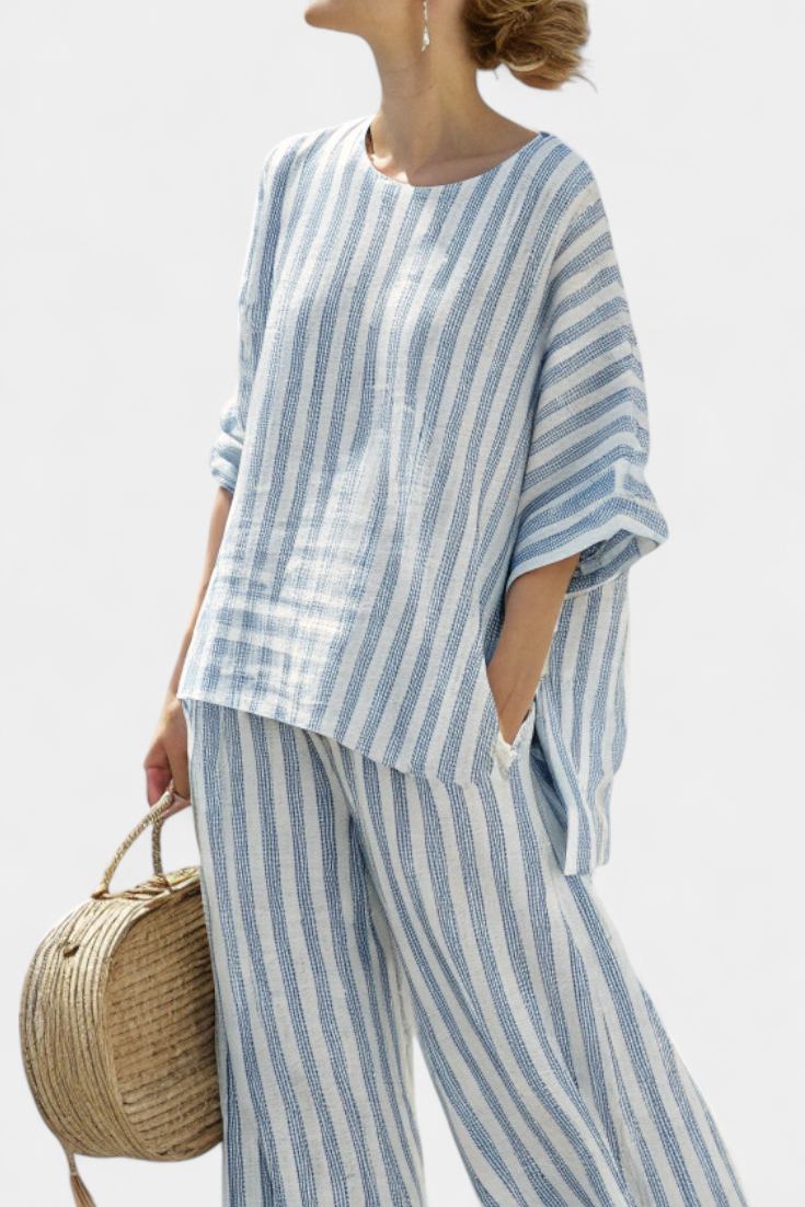 Rensleigh | Sophisticated Blue Striped Top &amp; Relaxed Pants