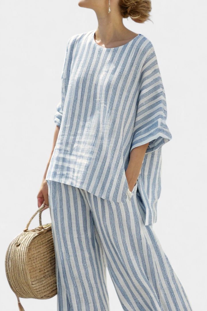 Rensleigh | Sophisticated Blue Striped Top &amp; Relaxed Pants