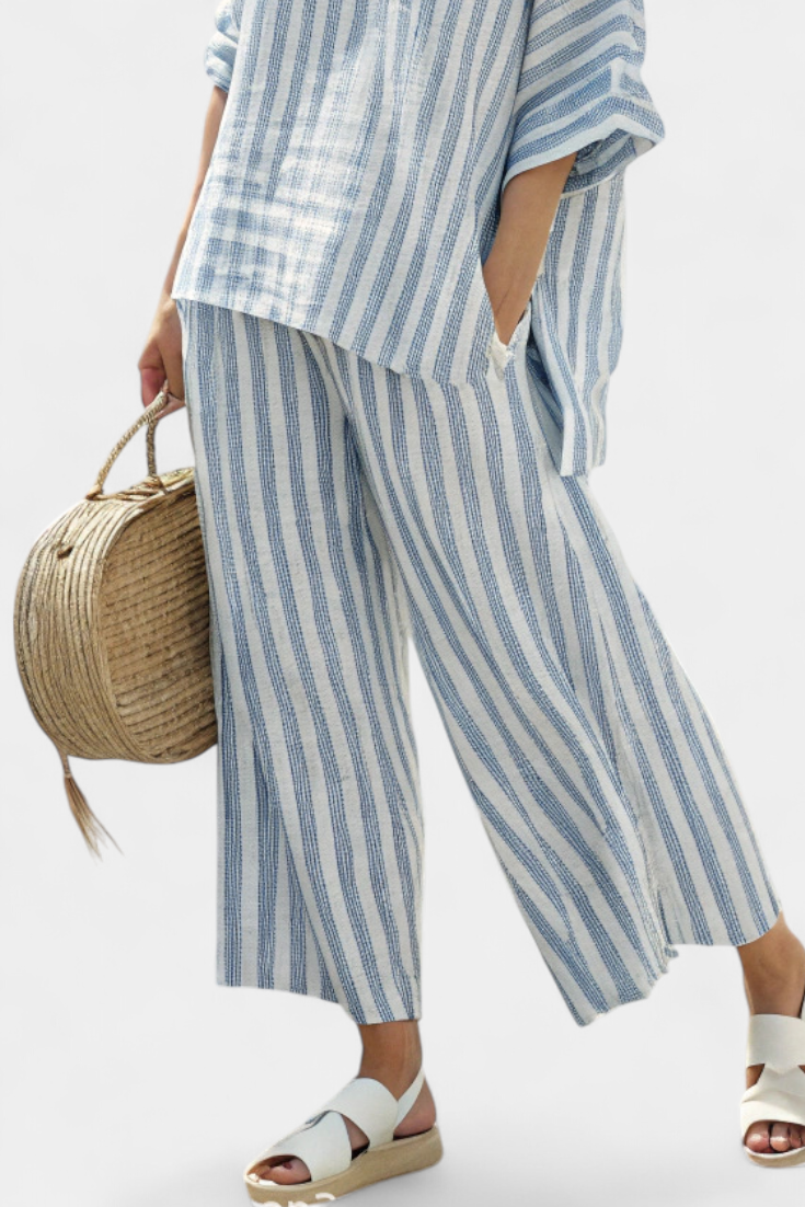 Rensleigh | Sophisticated Blue Striped Top &amp; Relaxed Pants