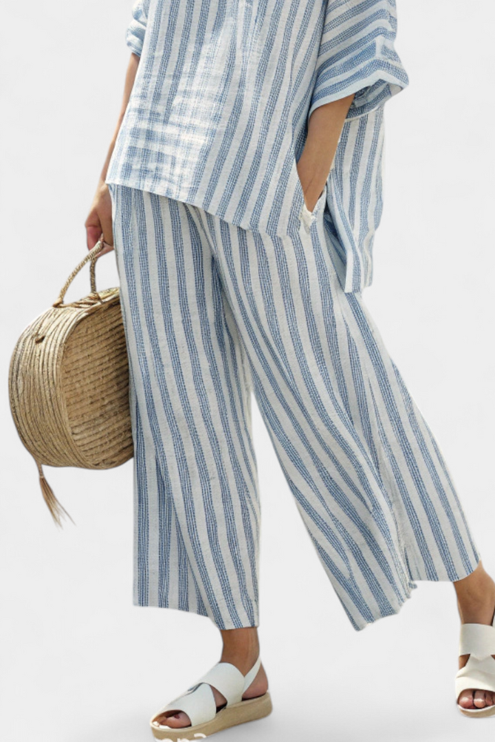 Rensleigh | Sophisticated Blue Striped Top &amp; Relaxed Pants