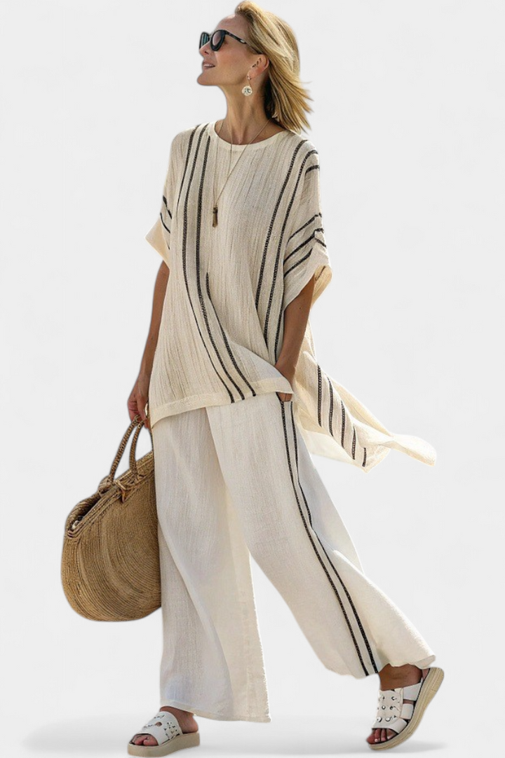 Greysen | Elegant Ivory Blouse &amp; Black Striped Pants