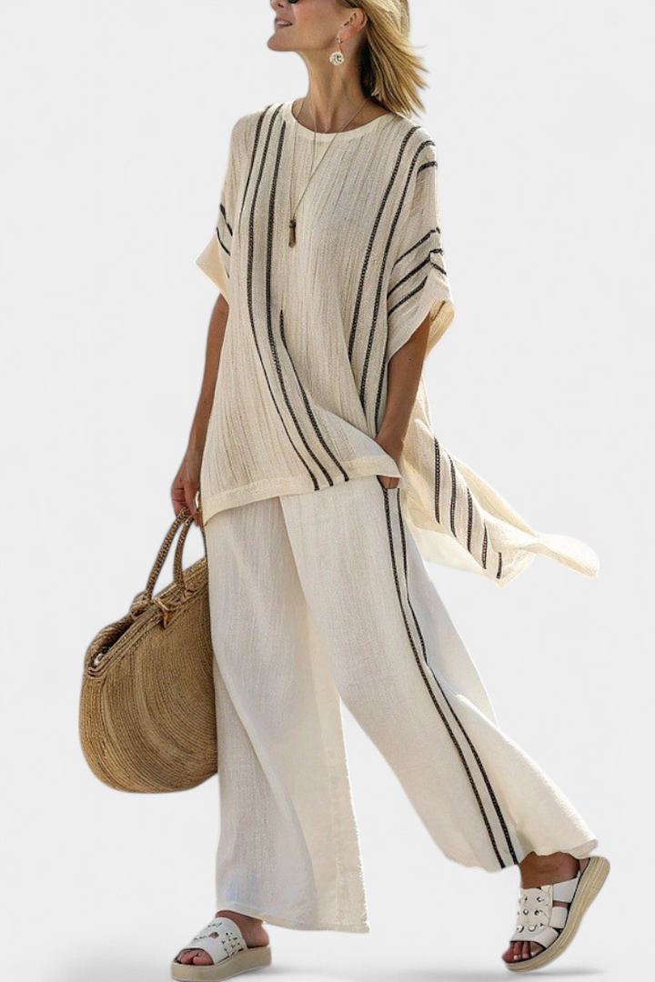 Greysen | Elegant Ivory Blouse &amp; Black Striped Pants
