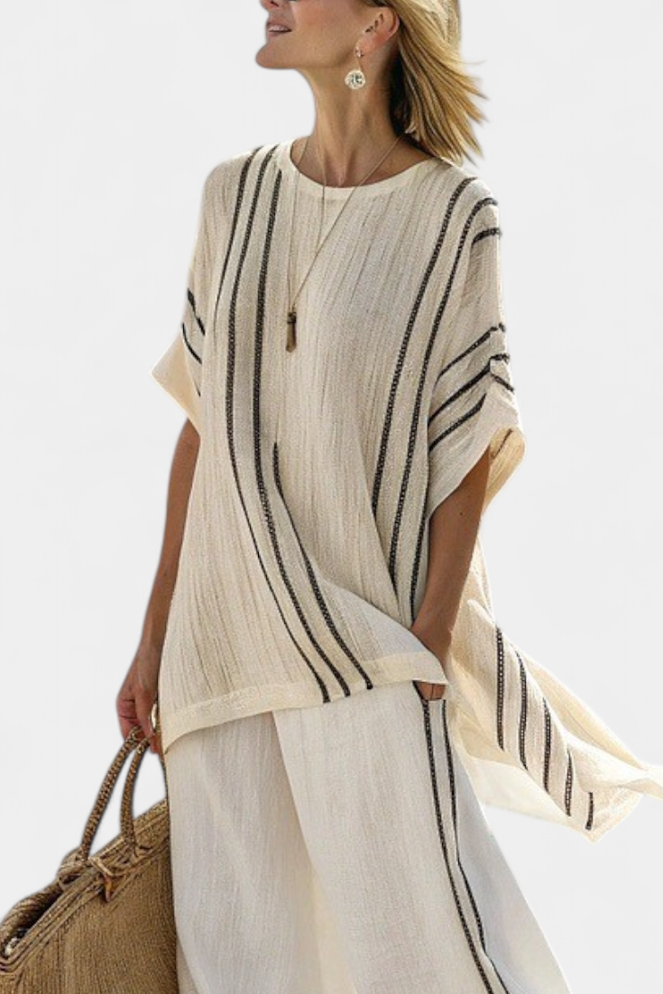 Greysen | Elegant Ivory Blouse &amp; Black Striped Pants