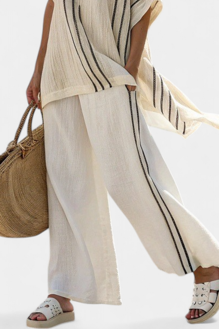 Greysen | Elegant Ivory Blouse &amp; Black Striped Pants