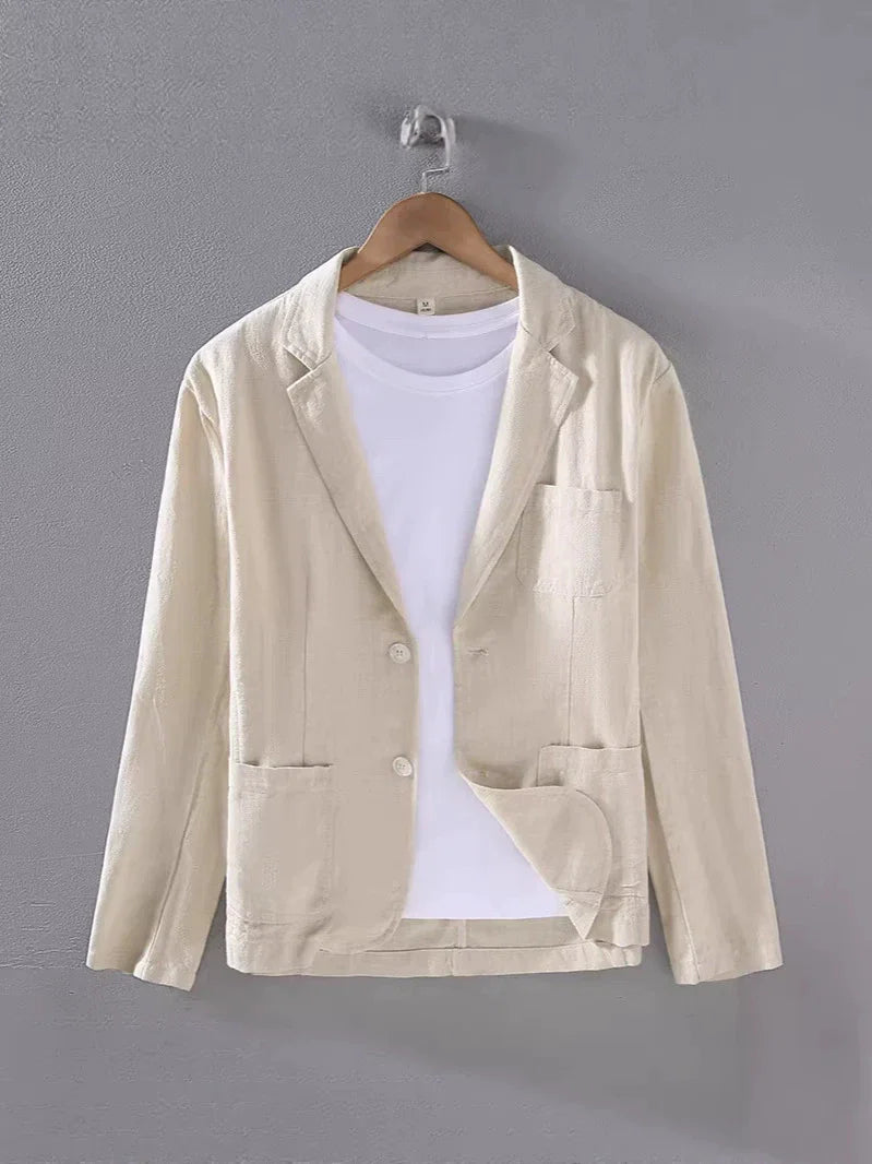 Men's unstructured lightweight linen blazer with lapel collar and welt pockets