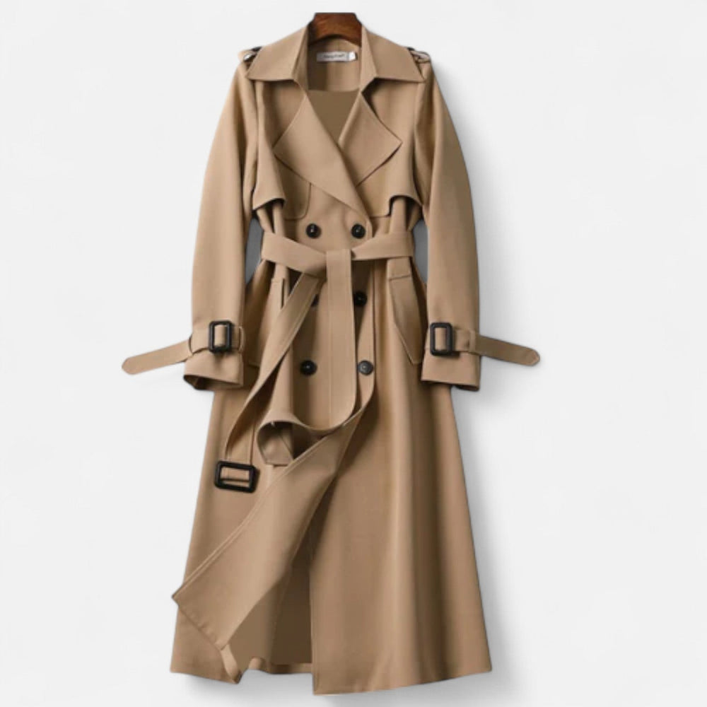 Women's long wool-blend coat with notched collar and button closure