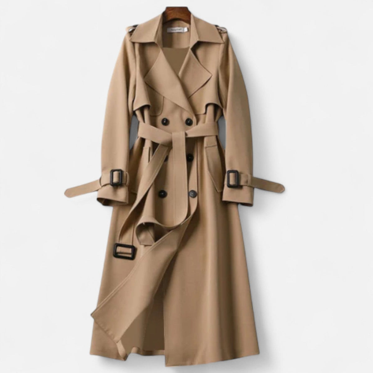 Women's long wool-blend coat with notched collar and button closure