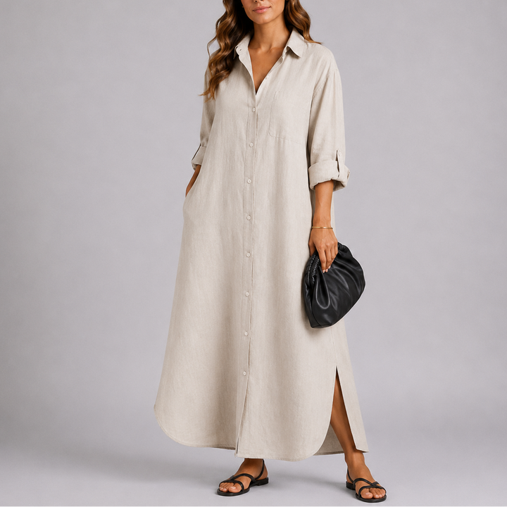 Linen blend button-down maxi dress in black and beige, full-length relaxed silhouette