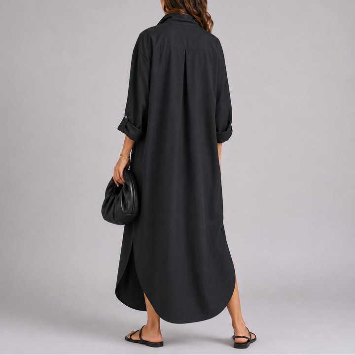 Linen blend button-down maxi dress in black and beige, full-length relaxed silhouette