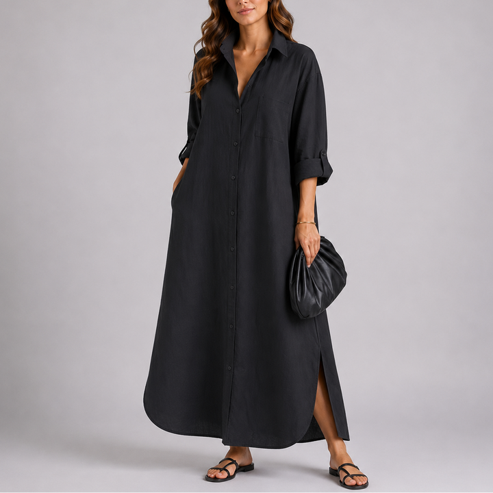 Linen blend button-down maxi dress in black and beige, full-length relaxed silhouette