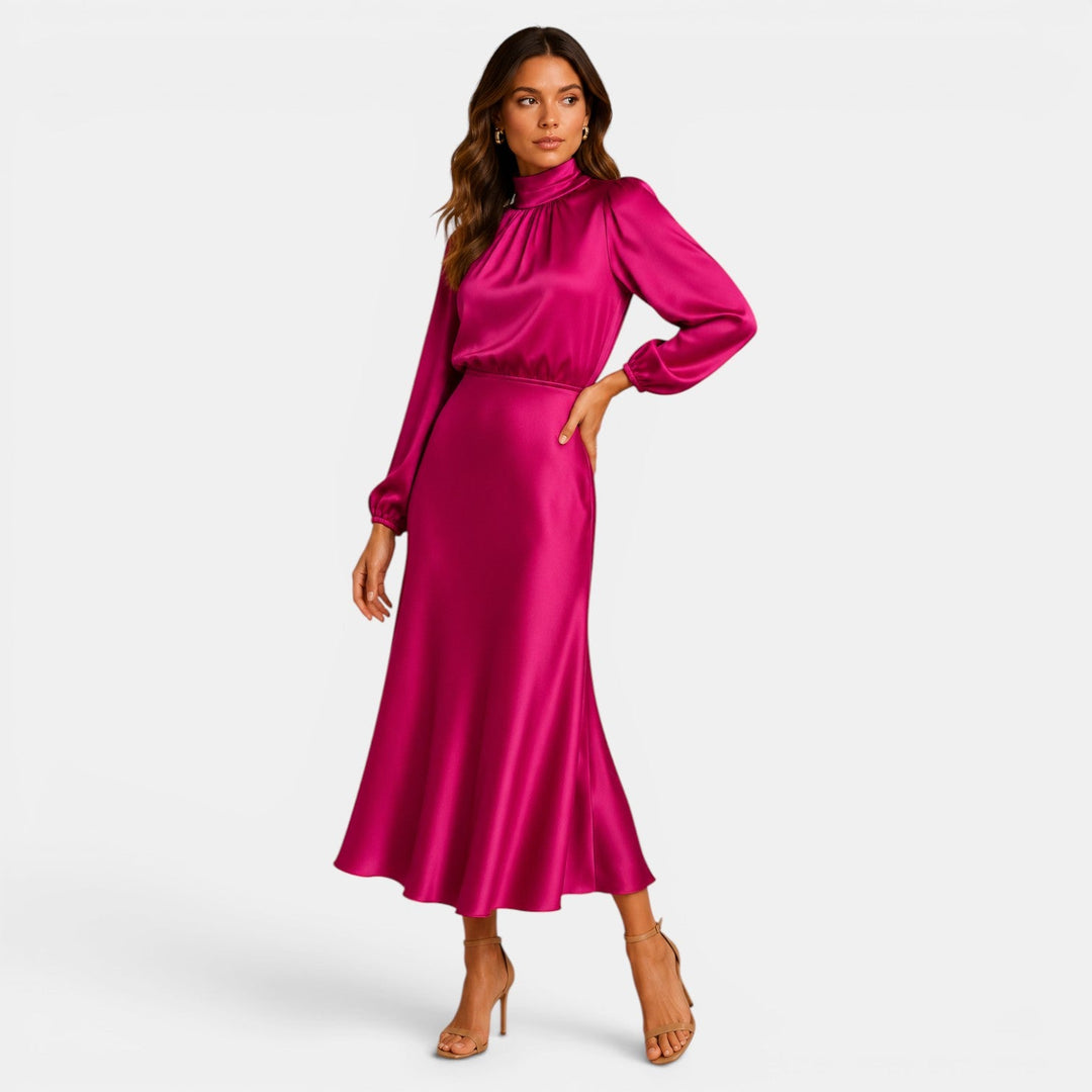 Belcien elegant long sleeve midi dress with high neck and high-waist silhouette
