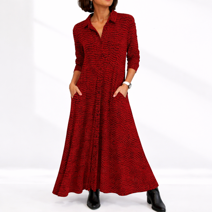Relaxed fit collared long-sleeve midi shirt dress with side pockets