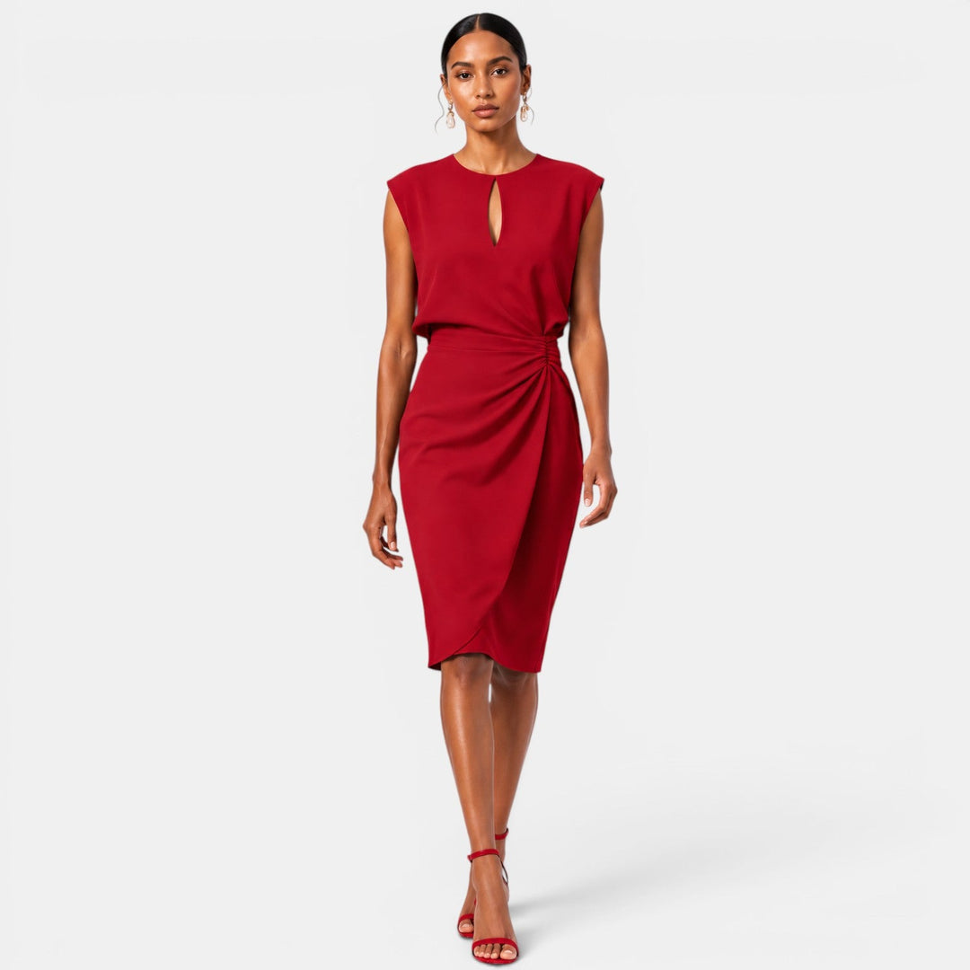 Belcien | Elegant Ruched Midi Dress with Keyhole Neckline