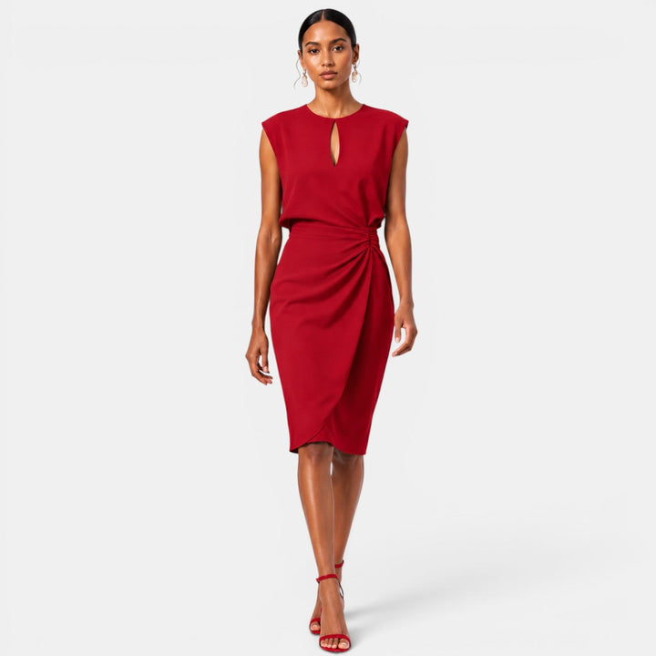 Belcien | Elegant Ruched Midi Dress with Keyhole Neckline