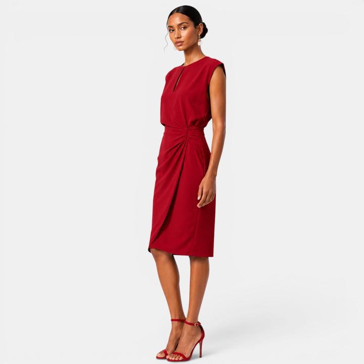 Belcien | Elegant Ruched Midi Dress with Keyhole Neckline