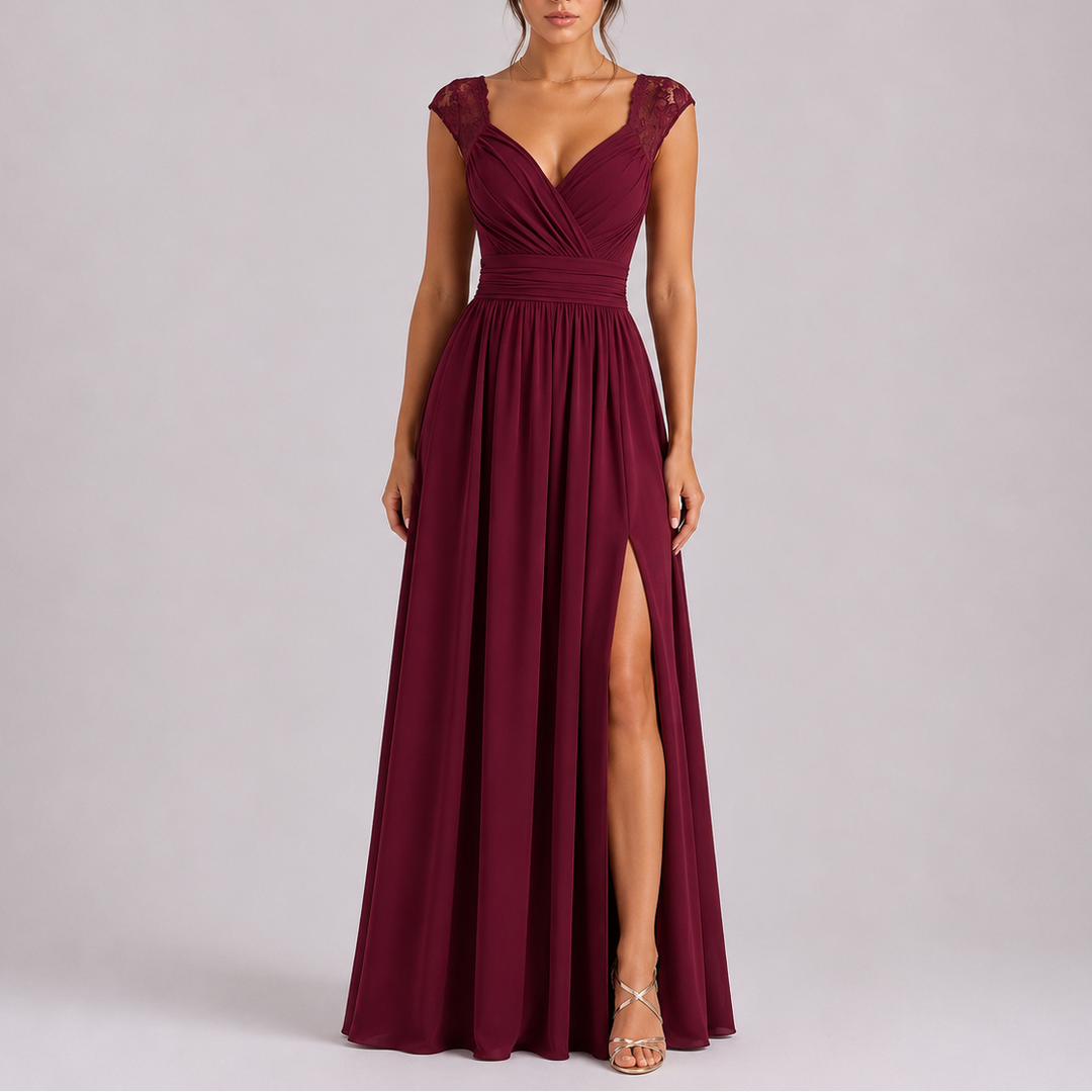 Lace Shoulder formal maxi dress with delicate lace shoulder detailing and flowing floor-length silhouette