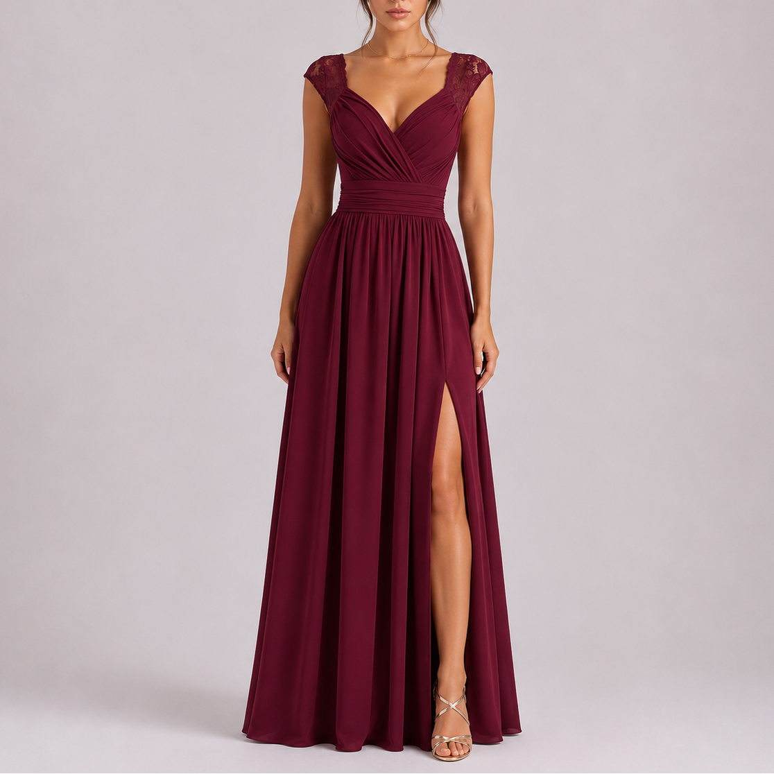 Lace Shoulder formal maxi dress with delicate lace shoulder detailing and flowing floor-length silhouette