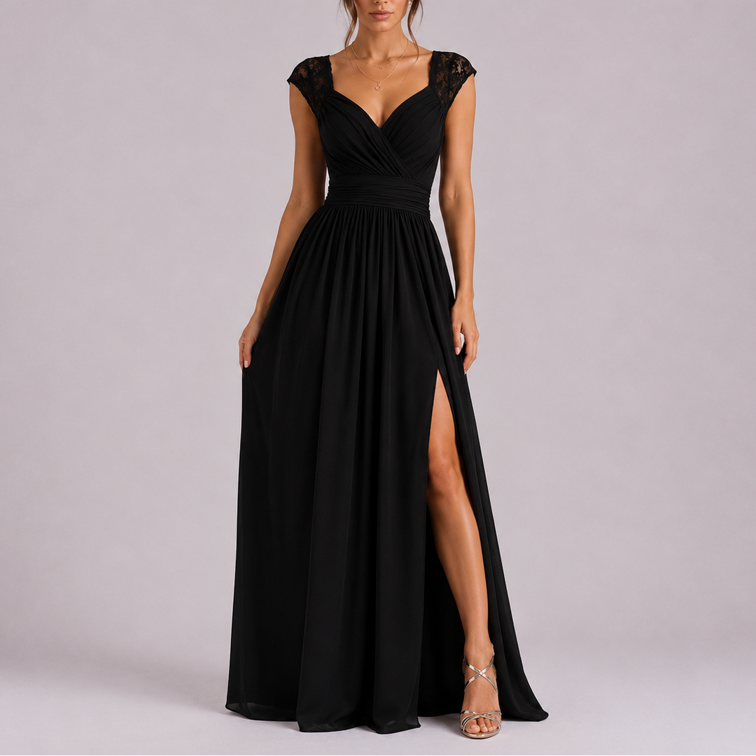 Lace Shoulder formal maxi dress with delicate lace shoulder detailing and flowing floor-length silhouette