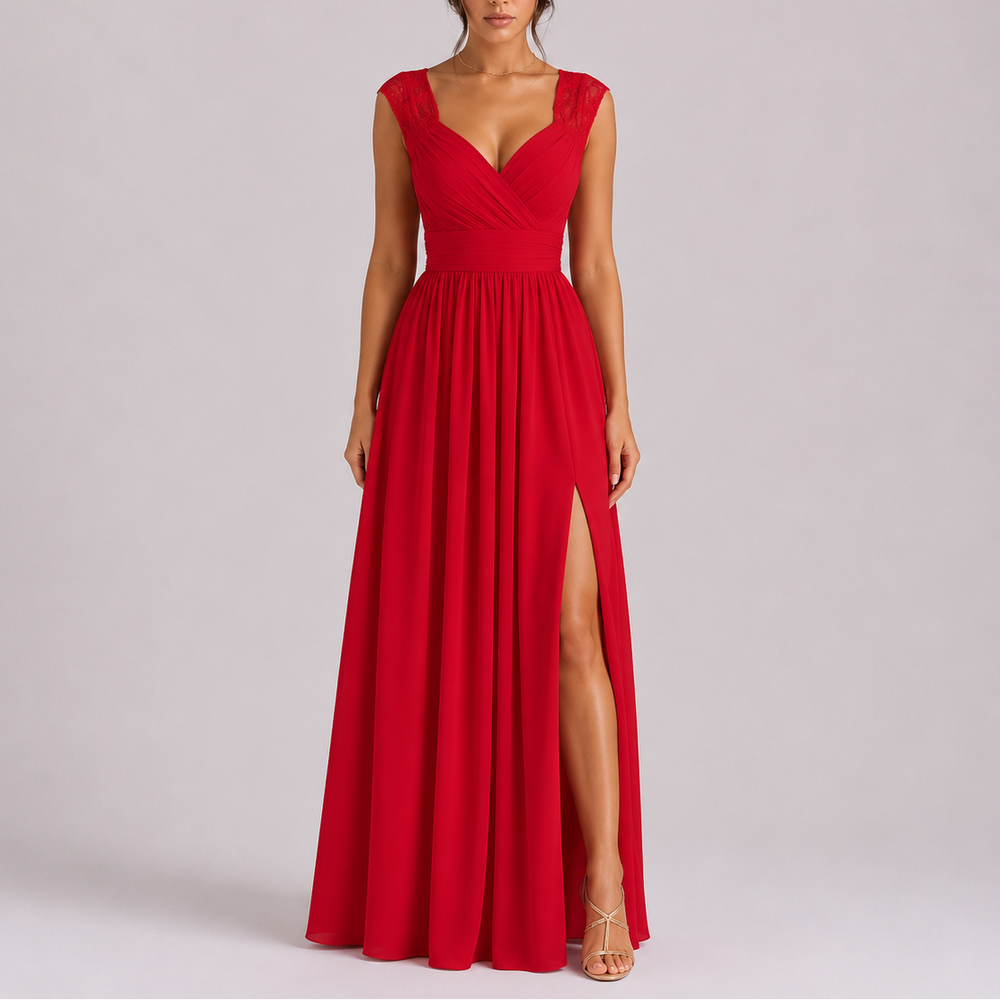 Lace Shoulder formal maxi dress with delicate lace shoulder detailing and flowing floor-length silhouette
