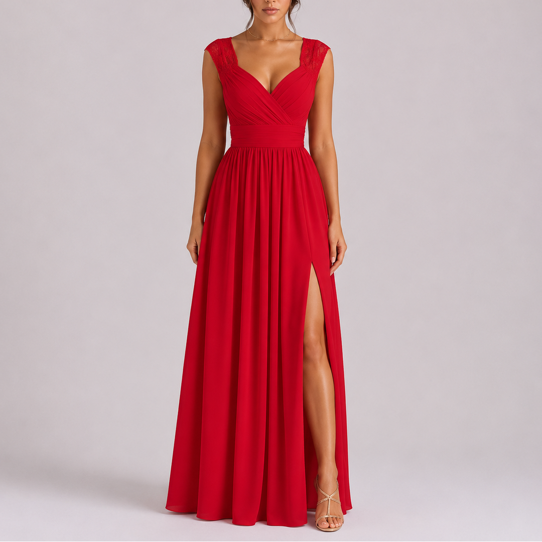 Lace Shoulder formal maxi dress with delicate lace shoulder detailing and flowing floor-length silhouette