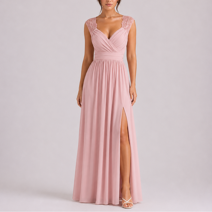 Lace Shoulder formal maxi dress with delicate lace shoulder detailing and flowing floor-length silhouette