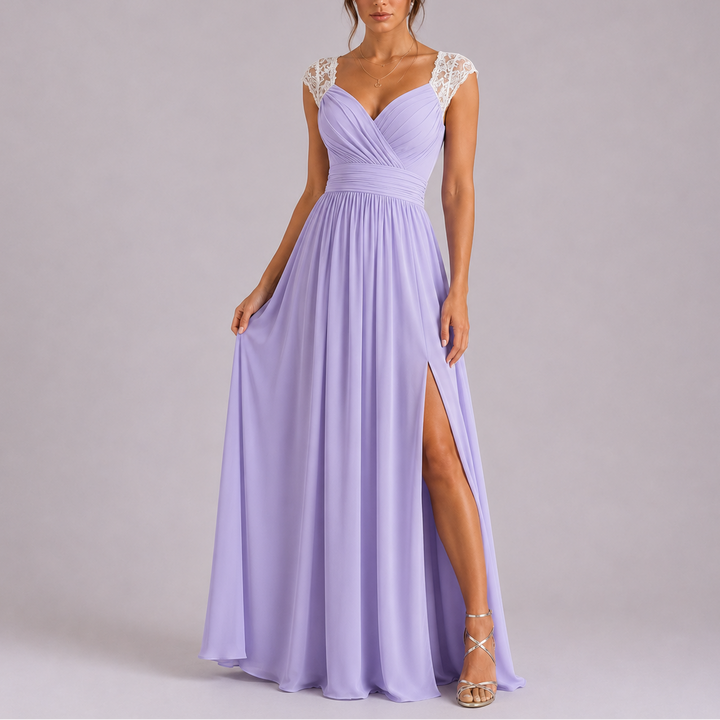 Lace Shoulder formal maxi dress with delicate lace shoulder detailing and flowing floor-length silhouette