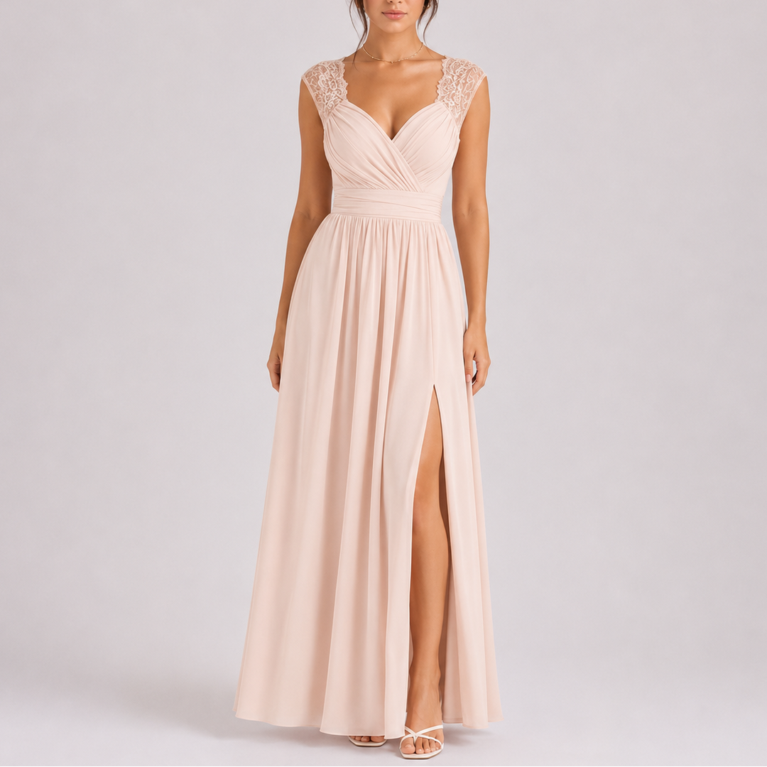 Lace Shoulder formal maxi dress with delicate lace shoulder detailing and flowing floor-length silhouette