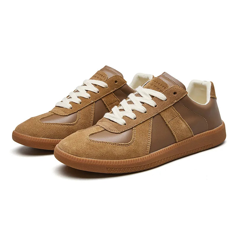 Retro men's suede sneakers with thick cushioned sole in brown, black, white and gray