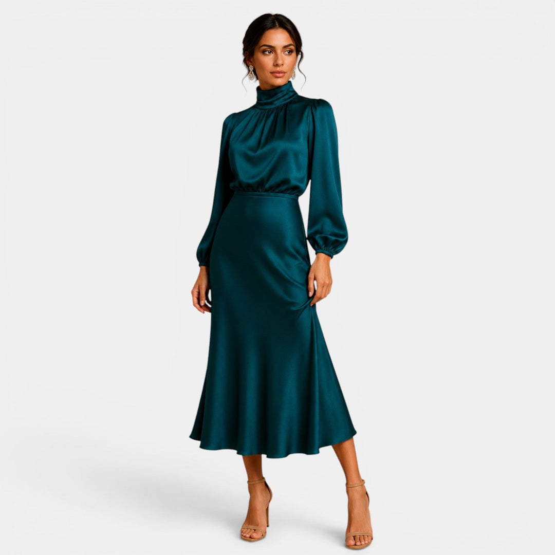Belcien elegant long sleeve midi dress with high neck and high-waist silhouette