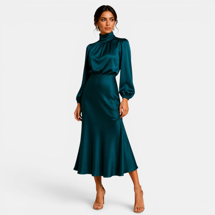 Belcien elegant long sleeve midi dress with high neck and high-waist silhouette