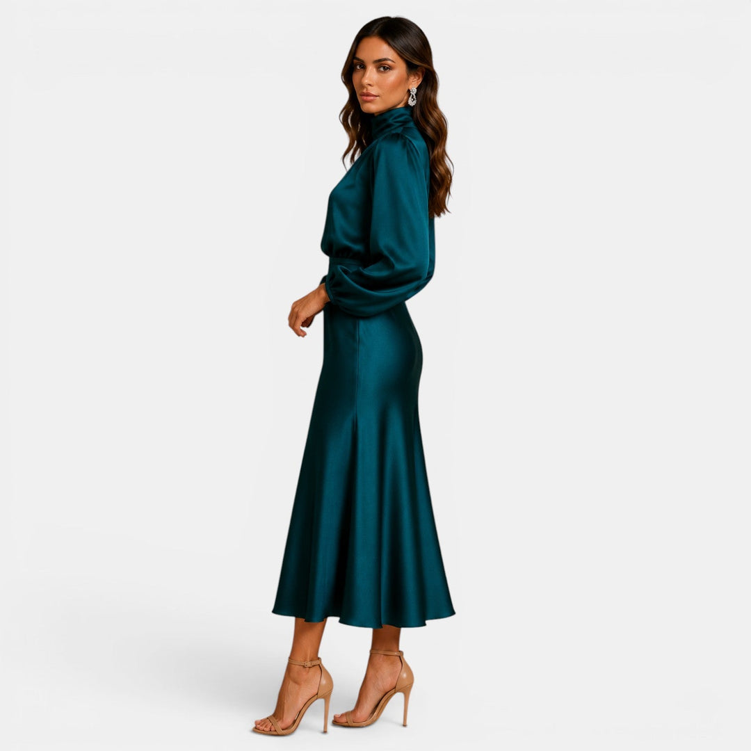 Belcien elegant long sleeve midi dress with high neck and high-waist silhouette